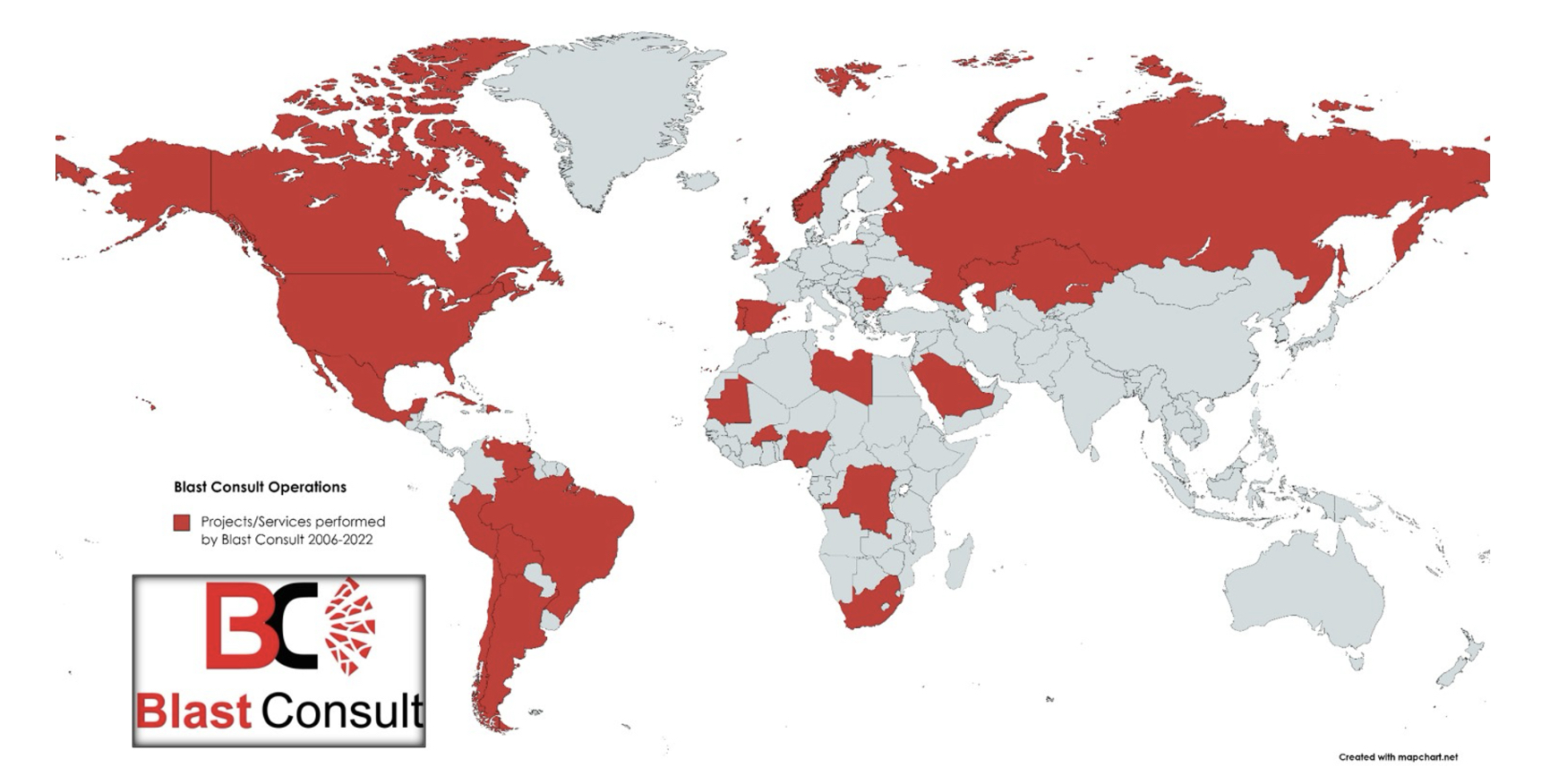 En rojo los lugares del mundo donde Blast Consult desarroll� proyectos y/o servicios en el periodo 2006-2022