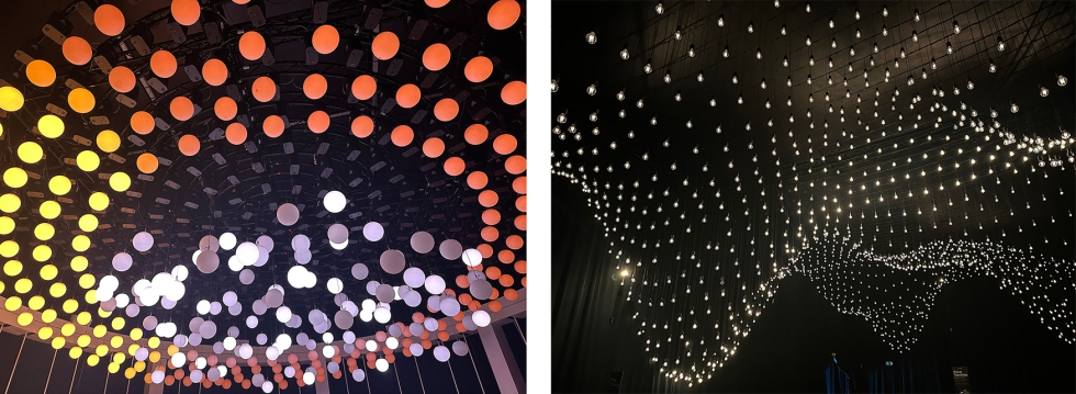 Detalle de �10 Agosto� de Hyperstudio (izquierda) y �Pulse Topology� de Rafael Lozano-Hemmer (derecha)