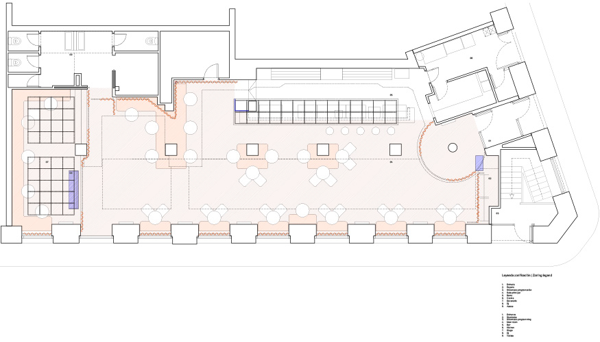 Plano de disposici�n de las distintas �reas que alberga esta taberna diurna, espacio para afterwok, pero tambi�n es una pista de baile por la noche...