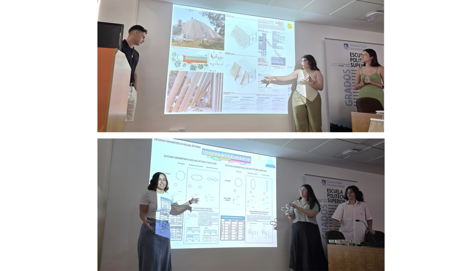 Sendos momentos de las presentaciones de los proyectos que fueron merecedores de los premios impartidos por AESSO y la UA...