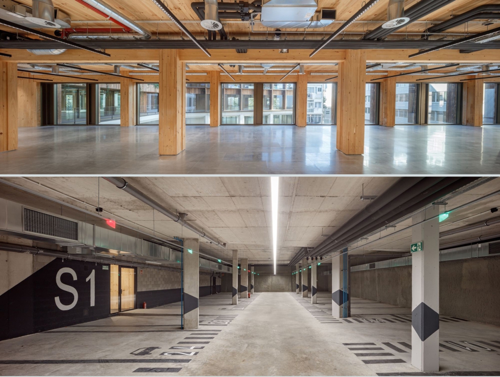 Zumtobel ha integrado soluciones como Sloin Slim MC por su confort visual en los espacios de trabajo (arriba); y Tecton en zonas de circulaci�n y...