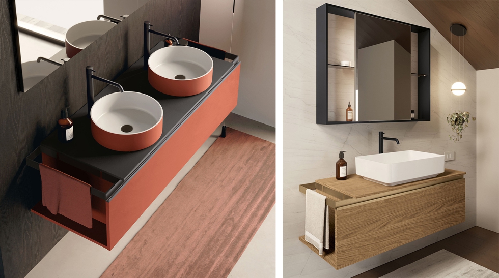 Detalle de toallero y doble lavabo Side 102 y colecci�n de ba�o Side 105 en acabado roble