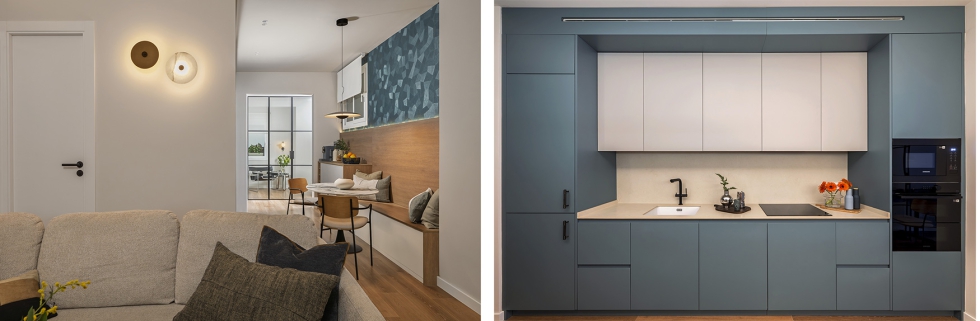 En la cocina, el mobiliario a medida lo incorpora como color protagonista el azul petr�leo mediante un volumen de frentes mate, de suelo a techo...