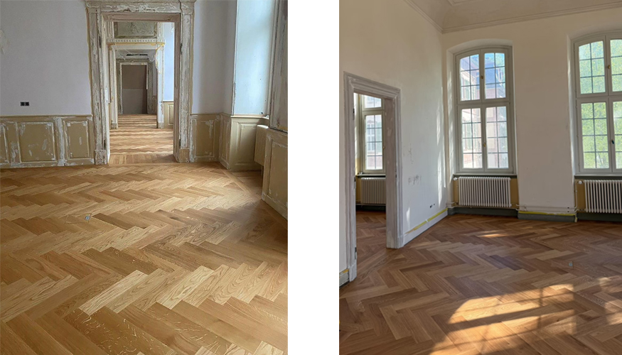 La rehabilitaci�n ha supuesto la instalaci�n de 1.200 m� de parquet de roble adaptado a las nuevas necesidades funcionales del edificio...