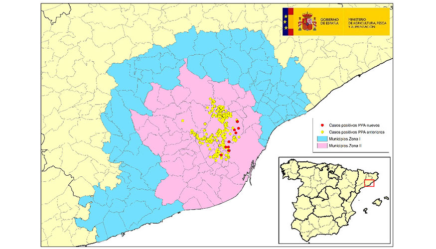 Localizaci�n detallada de los 355 casos de jabal�es silvestres detectados en la zona restringida II. Punto amarillo: casos anteriores...