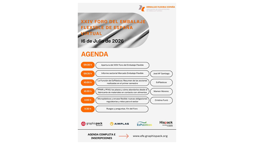 Cartel del XXIV Foro del Embalaje Flexible de Espa�a, que se celebrar� en formato virtual el pr�ximo 16 de julio de 2026...