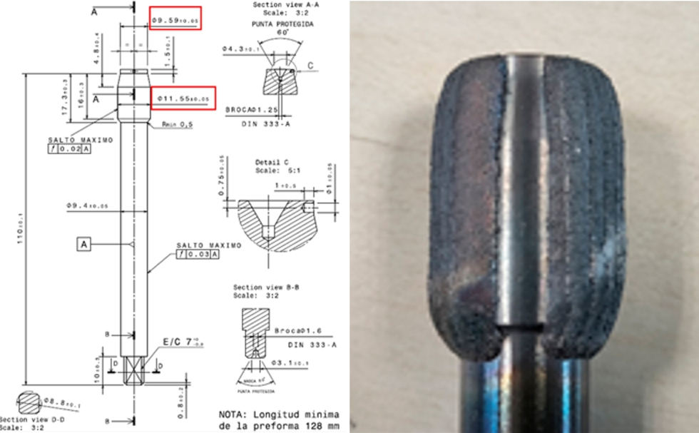 Figura 4. Plano de macho de roscar de m�trica 12 fabricado, e imagen de la zona del filo recargada con ASP2052