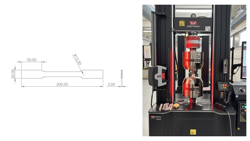 Figura 2: Geometria normalizada dos provetes ensaiados(esquerda) e setup preparado para o ensaio de tra��o uniaxial (direita)...