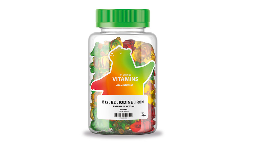 Frasco de vitaminas con una etiqueta personalizada impresa a todo color, ejemplo de producci�n de etiquetas bajo demanda para el sector alimentario...