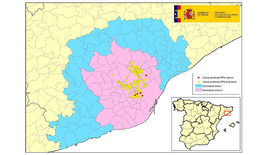Localizaci�n detallada de los 364 casos de jabal�es silvestres detectados en la zona restringida II. Punto amarillo: casos anteriores...