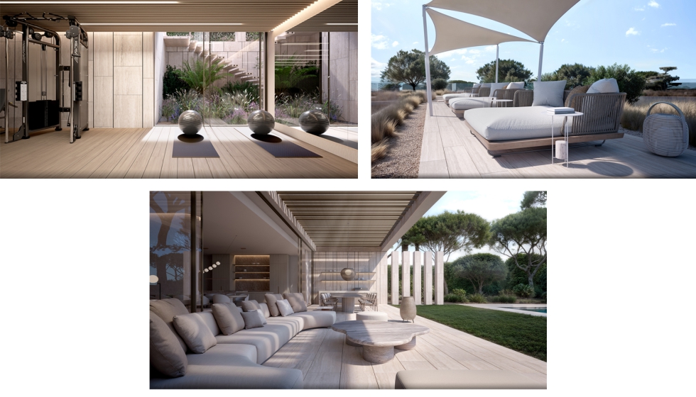La villa se articula en torno a un programa residencial completo que incluye cinco suites, spa, gimnasio, bodega...
