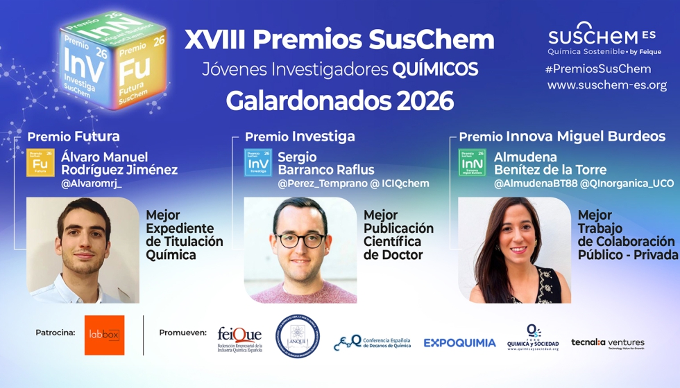 Los ganadores de los Premios SusChem-Espa�a 2026 han sido �lvaro Manuel Rodr�guez Jim�nez, Sergio Barranco Raflus y Almudena Ben�tez de la Torre...