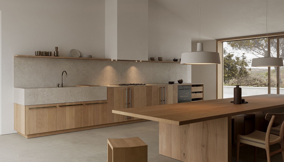 La cocina se articula en torno a un gran volumen horizontal de l�neas puras y proporciones generosas que concentra las principales funciones de...