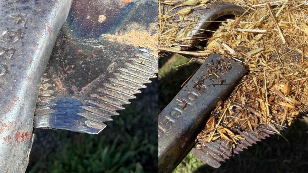 Imagen 4: (a) Ejemplo de una cuchilla de la barra de corte deformada tras un impacto, que provoca el rozamiento continuado...