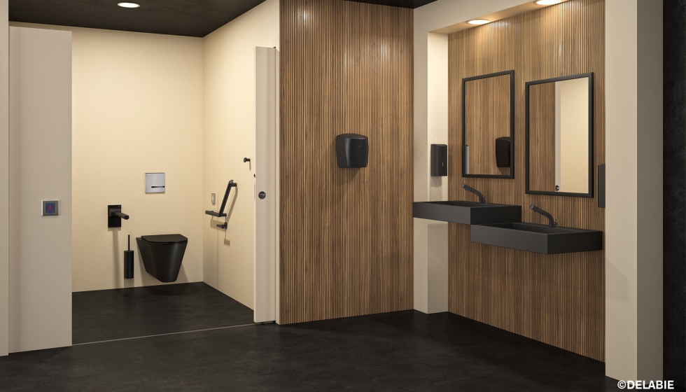 La gama Black de Delabie incorpora accesorios con acabado negro mate para crear conjuntos coordinados con el resto del equipamiento sanitario...