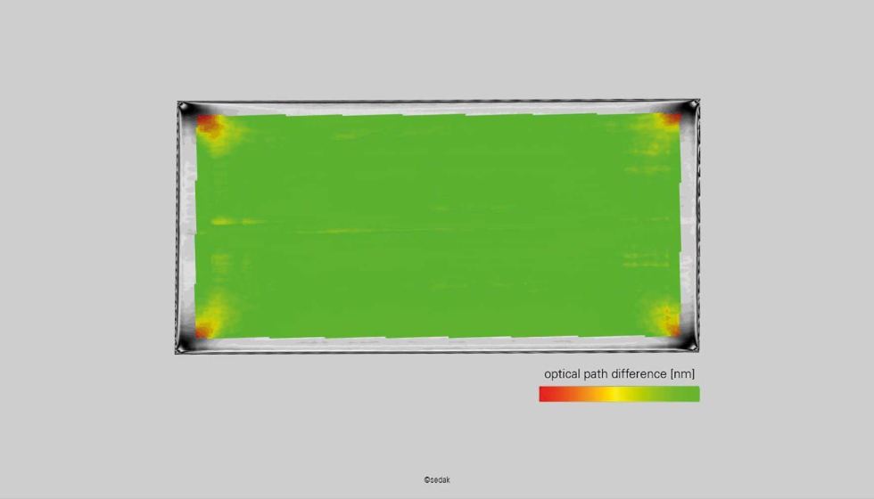 Sin zonas rojas: Escaneo de anisotrop�a de un panel de vidrio tempered+ de sedak, que demuestra un valor de cuantil del 95 % de ≤ 60 nm. �sedak...