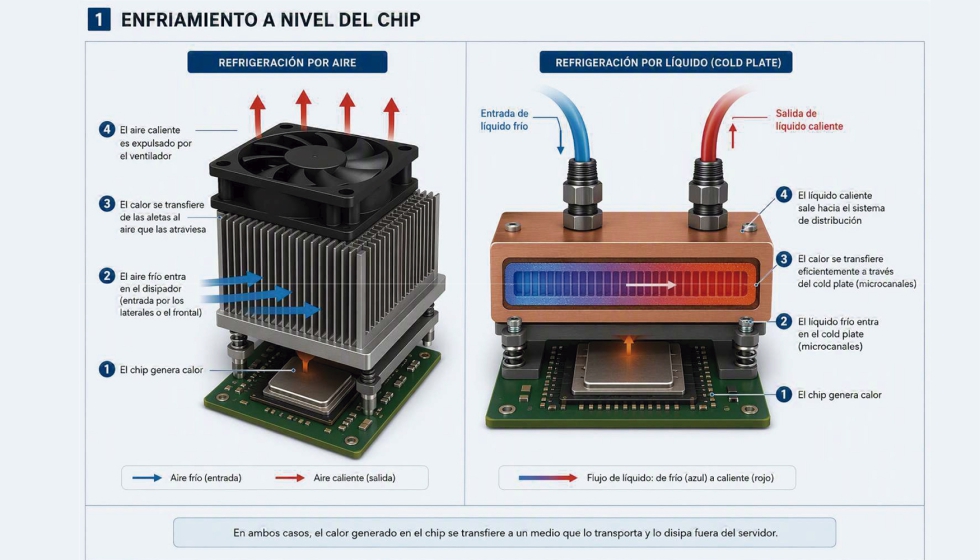 Ilustraci�n 1 - Refrigeraci�n del chip por aire vs por l�quido