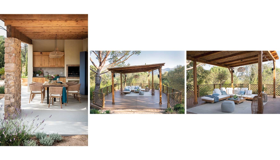 La nueva p�rgola de madera y el comedor de verano ampl�an la vivienda hacia el paisaje del Empord�...