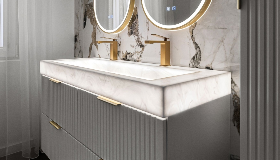 La iluminaci�n integrada en las superficies de Himacs permite convertir el lavabo en uno de los principales elementos visuales del ba�o...