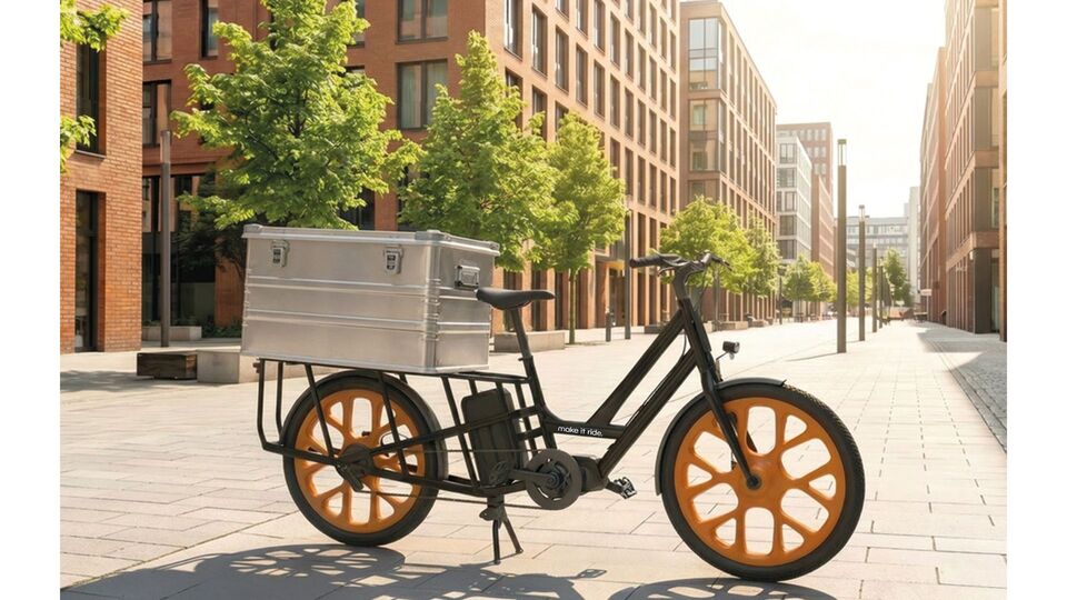 As rodas em pl�stico rotomoldadas da igus aumentam a fiabilidade das bicicletas de carga nas exigentes condi��es di�rias de entrega (Fonte...