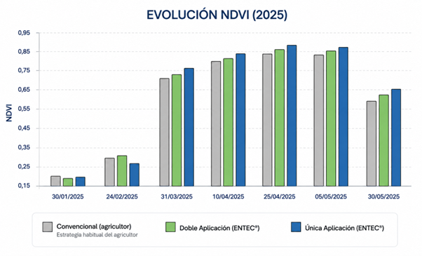 Figura 3. Evoluci�n del NDVI durante la campa�a 2024/25 en las diferentes estrategias de fertilizaci�n evaluadas en el ensayo...
