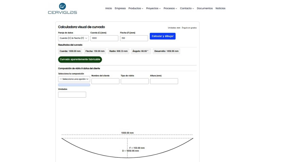 La calculadora visual de curvados desarrollada por Cerviglas permite introducir dos p�rametros conocidos para obetener luego el resto de datos...