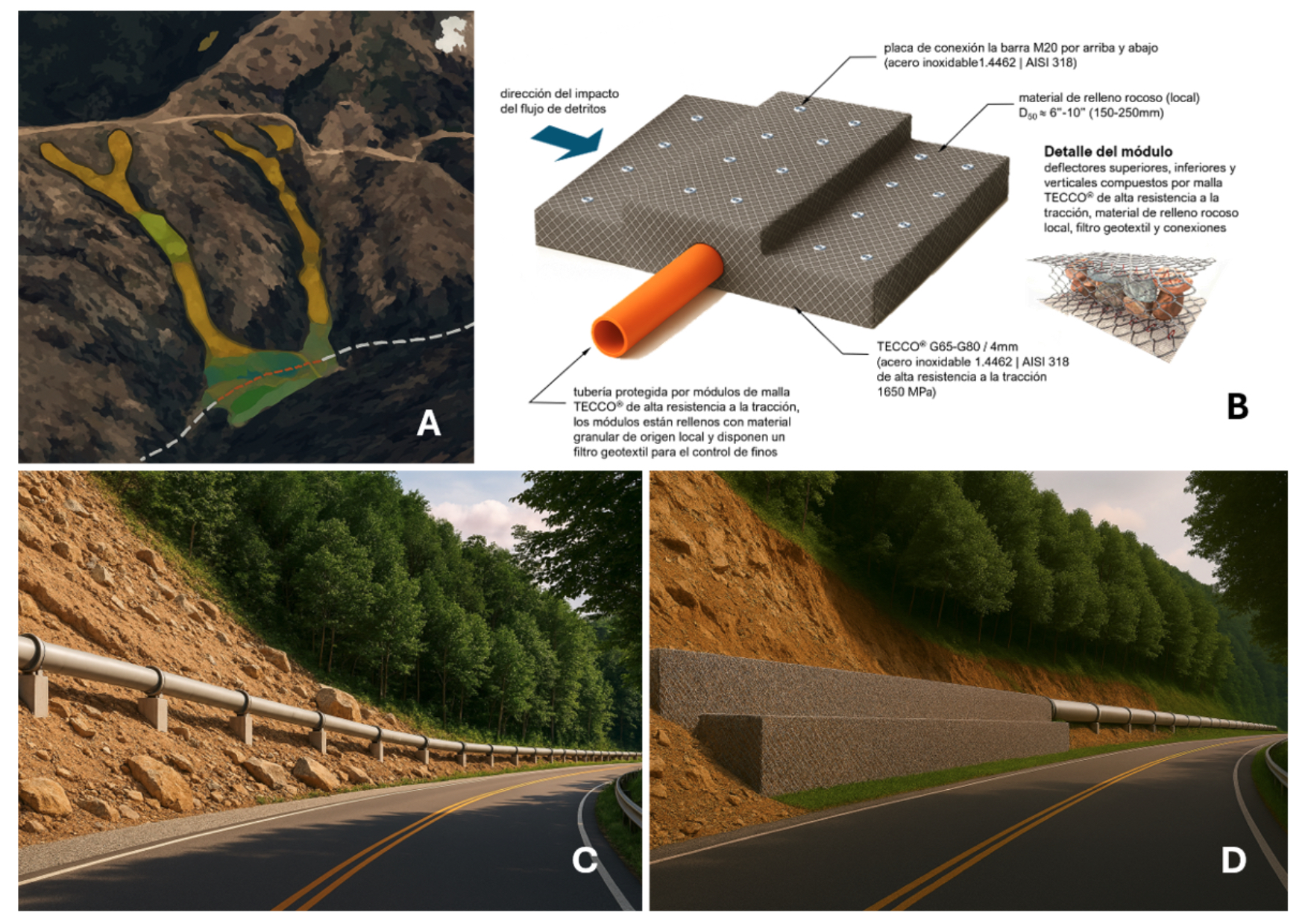 Fig. 8 Corredor de infraestructuras de monta�a sometido a alto riesgo por flujos de detritos (simulaci�n)