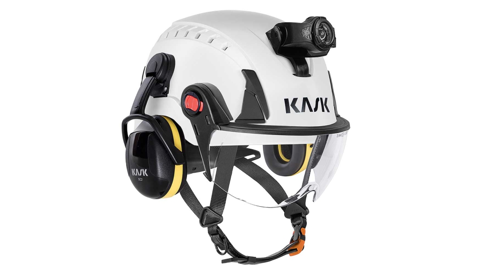 KASK Primero Air equipado con visor Zen, auriculares protectores y frontal de luz