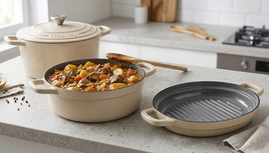 El hierro fundido de alta densidad de Castey Cocotte Stack garantiza la distribuci�n del calor