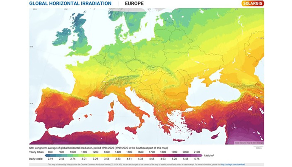 Mapa de irradia��o horizontal global (1999 - 2020). Fonte: Solar resource map � 2021 Solargis