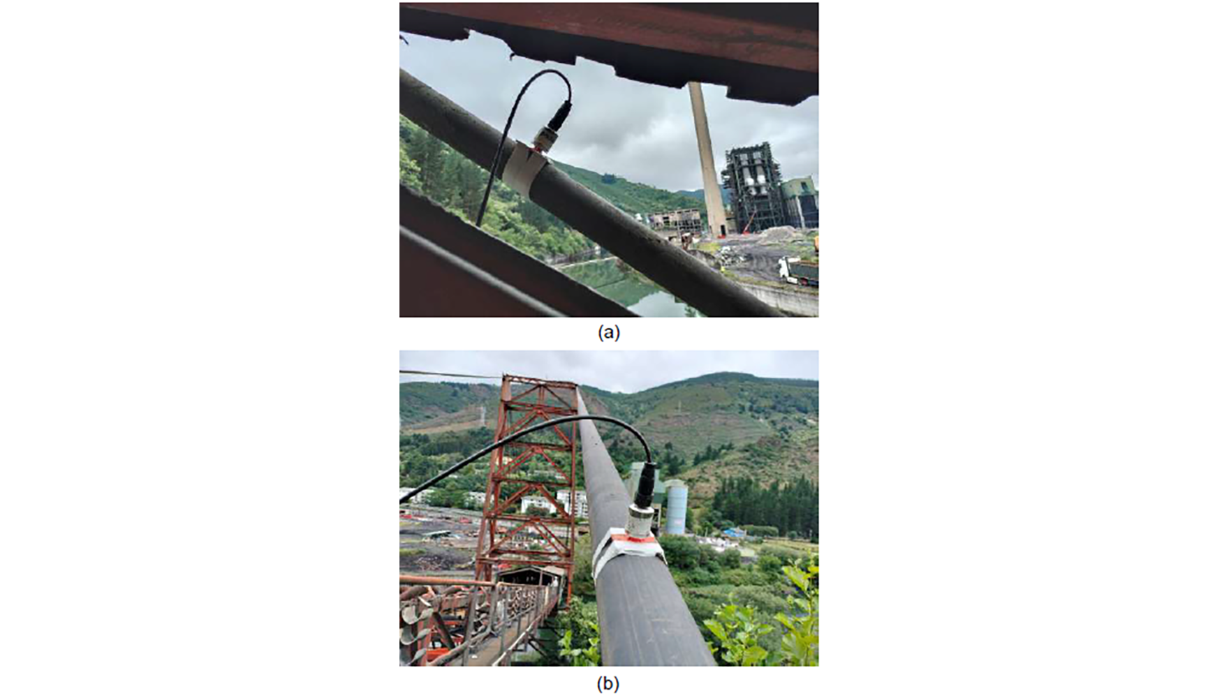 Instalaci�n de aceler�metro en tirantes. (a) Pesaje de tirante suspensi�n. (b) Pesaje tirante retenida