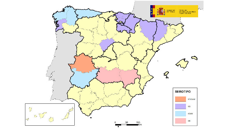 Provincias en las que hasta el momento se ha confirmado y comunicado oficialmente circulaci�n del virus de la lengua azul por serotipos en la...