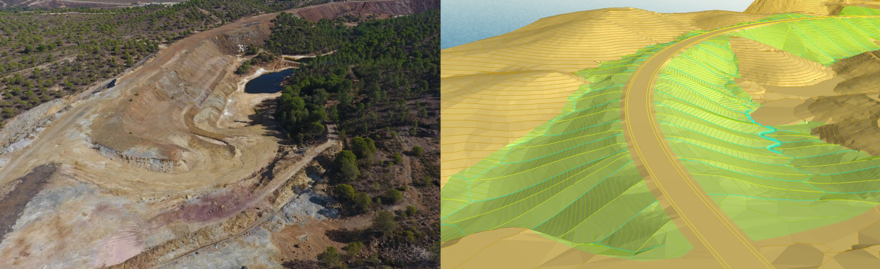 Figura 3. Dise�o GeoFluv-Natural Regrade. Topograf�a inicial y el modelo 3D del dise�o geomorfol�gico