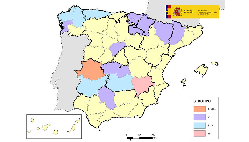 Provincias en las que hasta el momento se ha confirmado y comunicado oficialmente circulaci�n del virus de la lengua azul por serotipos en la...