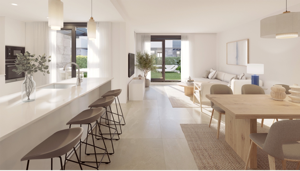 Vista de la cocina y salón comedor, con sistemas Wicline 75 TOP, de Wicona. Foto: Aedas Homes