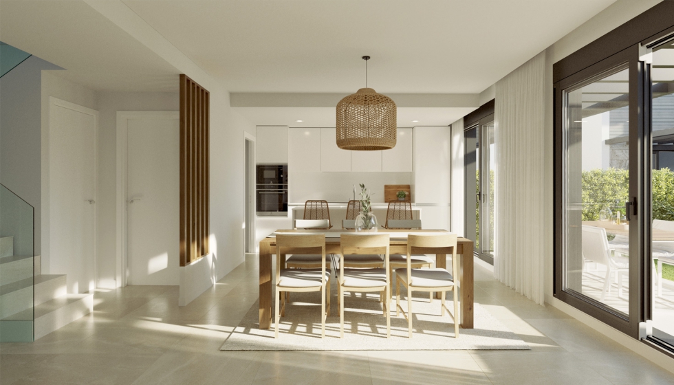 Comedor con salida al jardi�n, con ventana osciloparalela Wicline 75 TOP, de Wicona. Foto: Aedas Homes