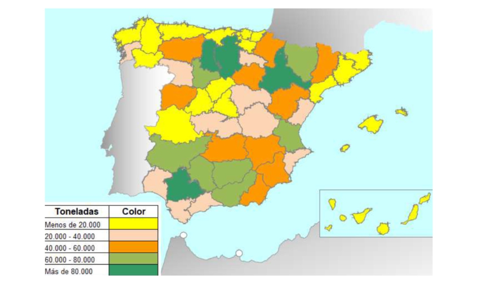 Imagen 1. Ventas de nutrientes (N + P2O5 + K2O) por provincias en 2025. Fuente: ANFFE