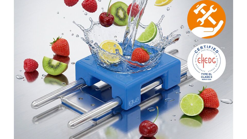 A guia linear drylin W da igus � a primeira guia linear com certifica��o oficial EHEDG para a ind�stria alimentar. Fonte: igus SE & Co. KG...