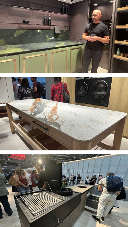 Im�genes de algunos espacios habitables del stand de Rekker desde la bodega con la cocina en tonalidades verdes...