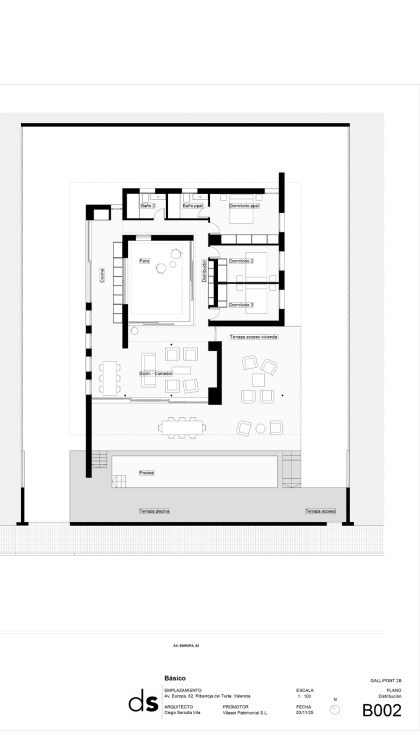 Plano de distribuci�n de la vivienda, donde el patio central ejerce de eje com�n en todas las estancias