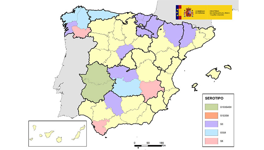 Provincias en las que hasta ahora se ha comunicado oficialmente circulaci�n del virus de la lengua azul por serotipos en la presente temporada...