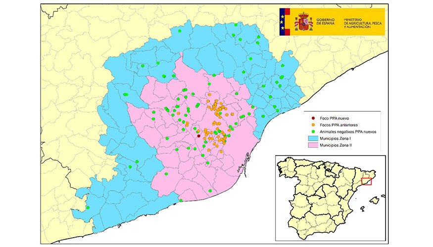 Localizaci�n de los 74 focos en jabal�es silvestres y de los jabal�es capturados o hallados muertos negativos detectados en las zonas restringidas I...