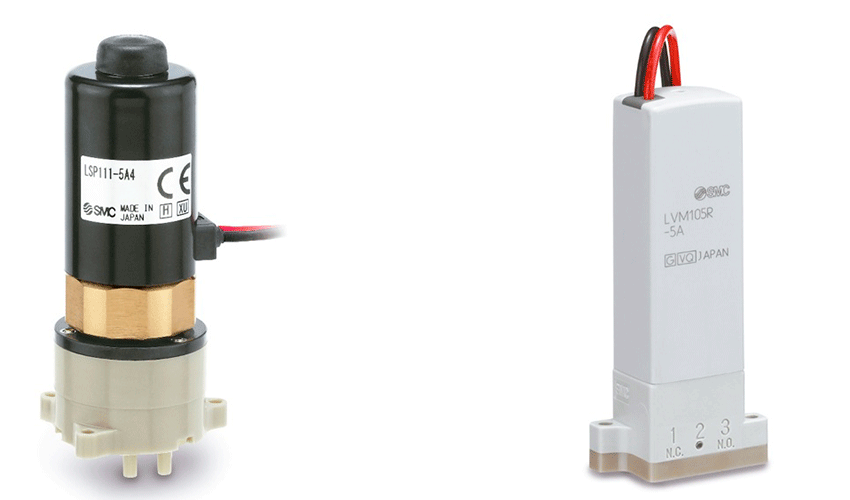 Bomba dosificadora de l�quidos (tipo solenoide), serie LSP de SMC, y v�lvula compacta de 2/3 v�as para productos qu�micos l�quidos, serie LVP de SMC...