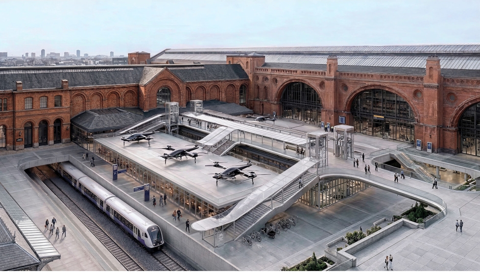 Visualizaci�n de Urban Droneport que muestra una posible integraci�n de plataformas para drones en un intercambiador ferroviario...