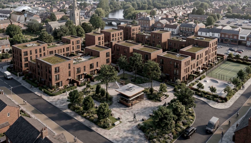 Una de las propuestas visuales de Urban Droneport explora la incorporaci�n de infraestructuras para drones en las cubiertas de edificios log�sticos...