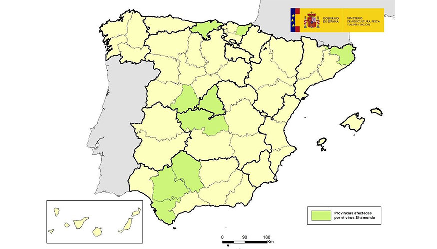 Provincias en las que se ha detectado el virus Shamonda. Fuente: MAPA