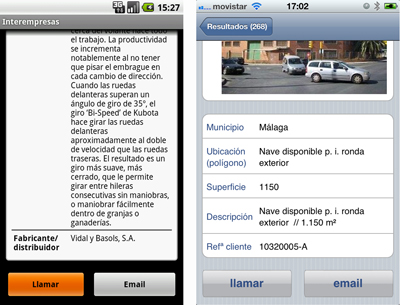 La App permite llamar directamente, o enviar un e-mail, al proveedor de cada producto e inmueble