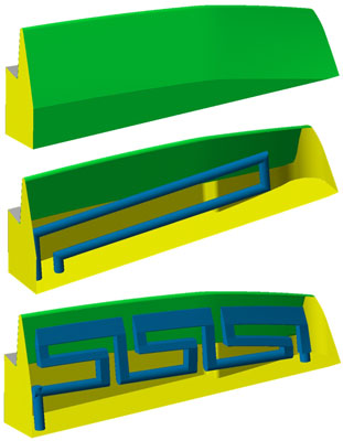 Figura 3. Refrigeracin de las zonas crticas: a) Superficie exterior; b) diseo tradicional; c) Canal conformal