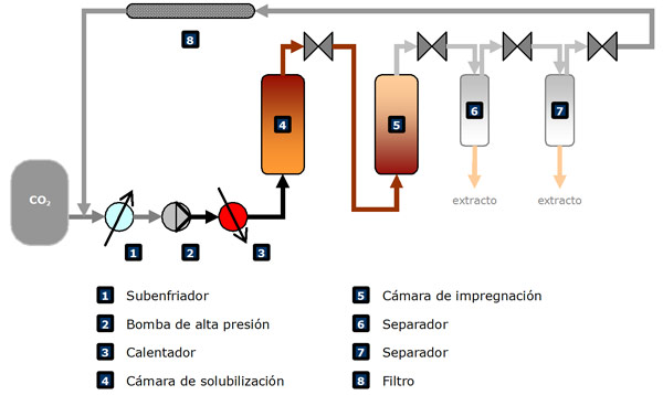 Diagrama de una instalacin de impregnacin con fluidos supercrticos