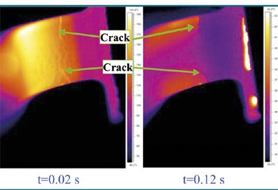 Figura 4. Termogramas en diferentes tiempos de enfriamiento de dos grietas en una pieza de aluminio